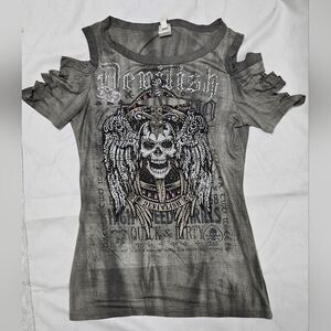 Liberty Wear Torn Apart Embellished Short Sleeve Tee Women’s Sm Skull Biker EUC